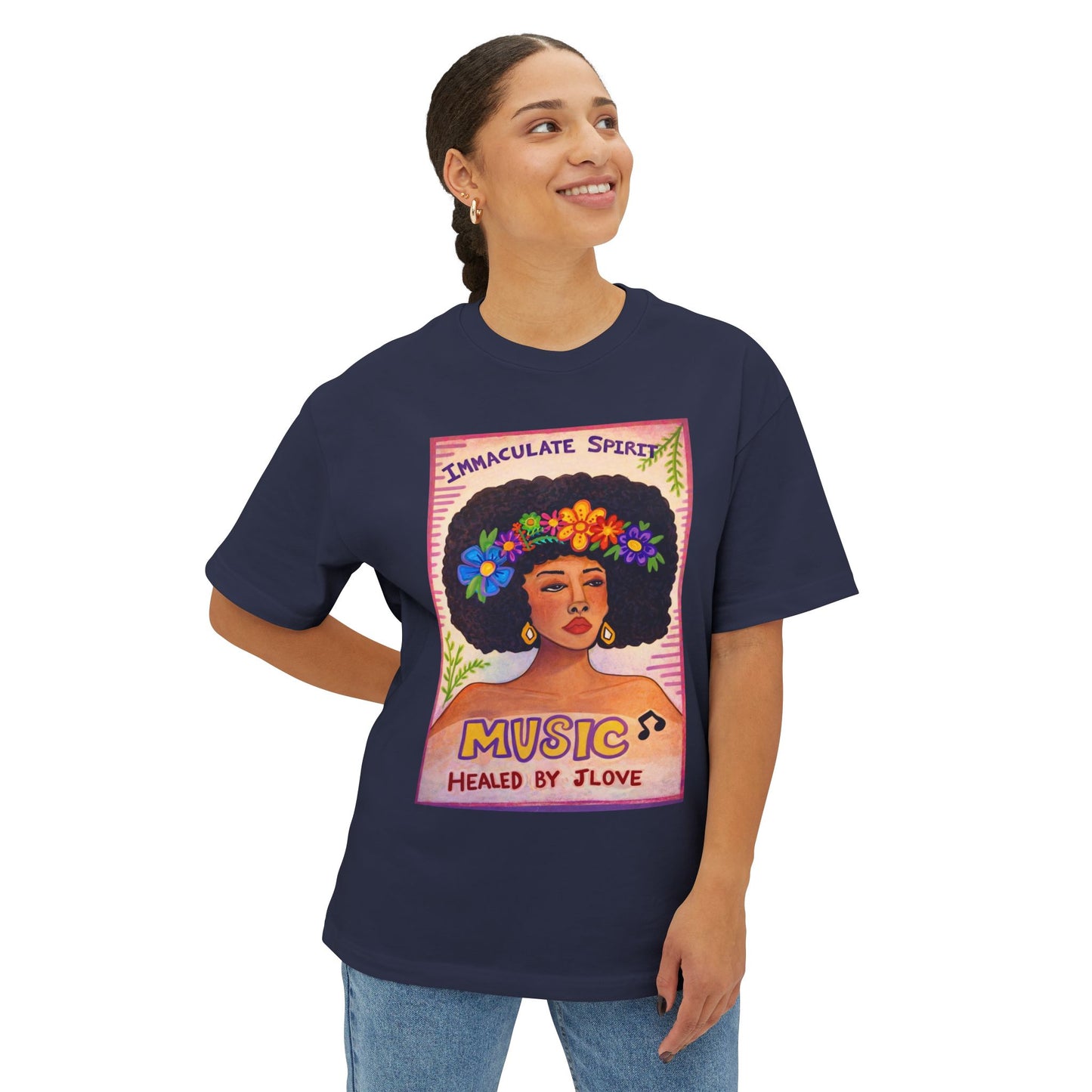 Music Healed By Love Tee — Floral Afro Portrait Graphic T-Shirt