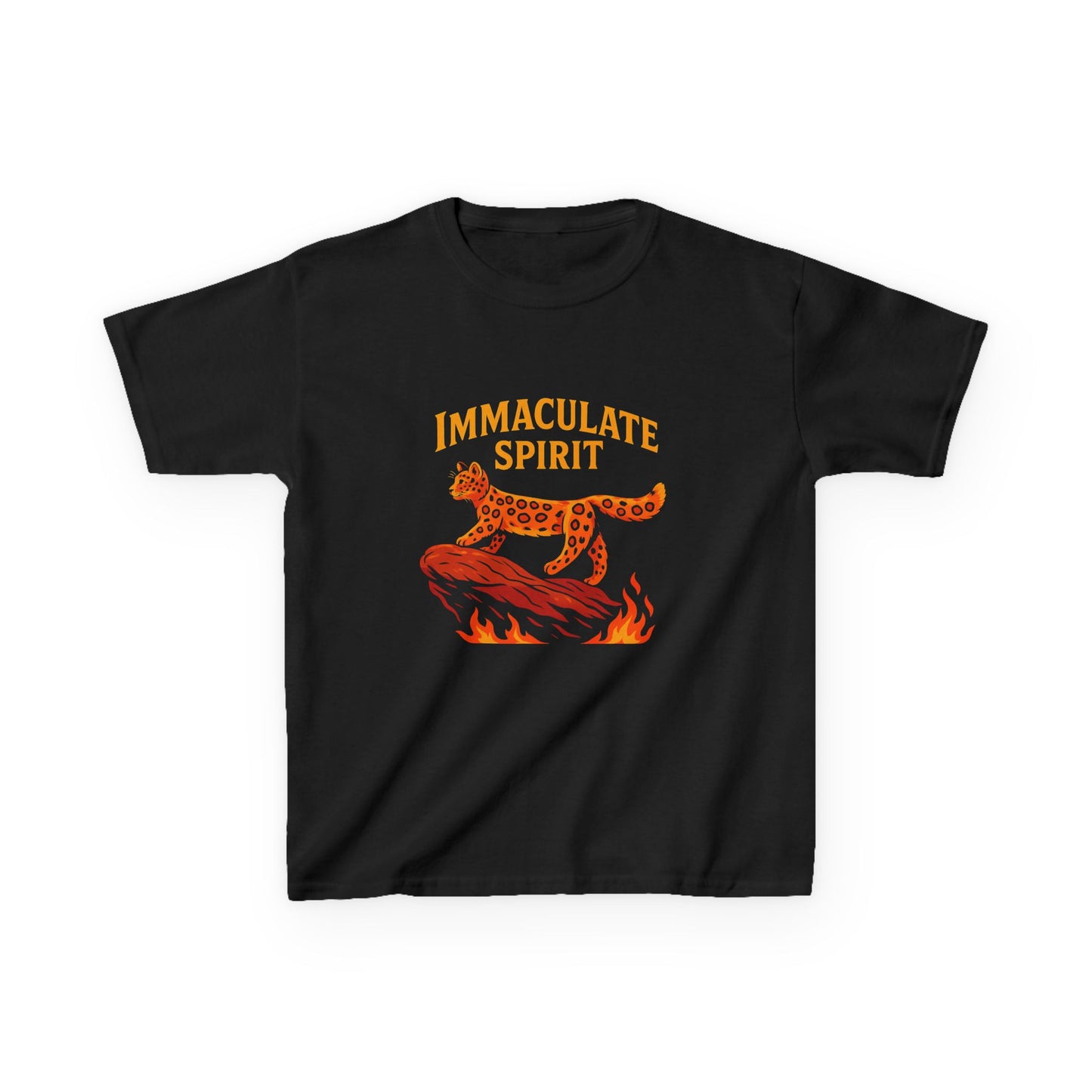 Kids Tee — "Immaculate Spirit" Leopard on Flames Graphic