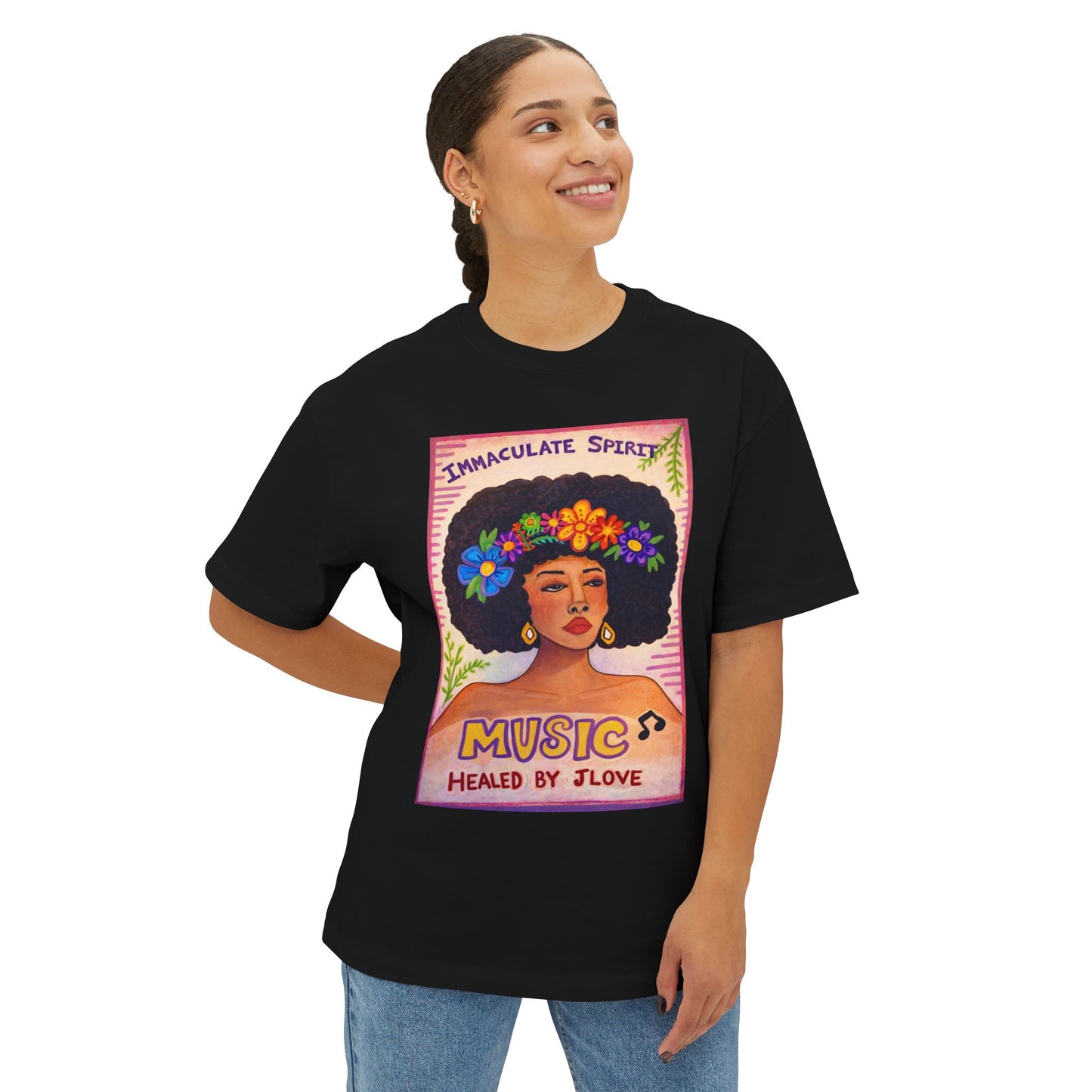 Music Healed By Love Tee — Floral Afro Portrait Graphic T-Shirt