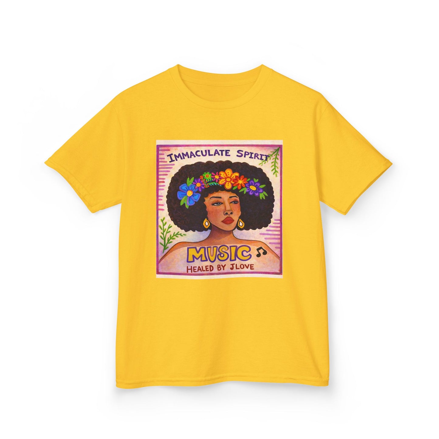 Kids Tee — "Immaculate Spirit" Music Healed By Love Retro Flower Power Design