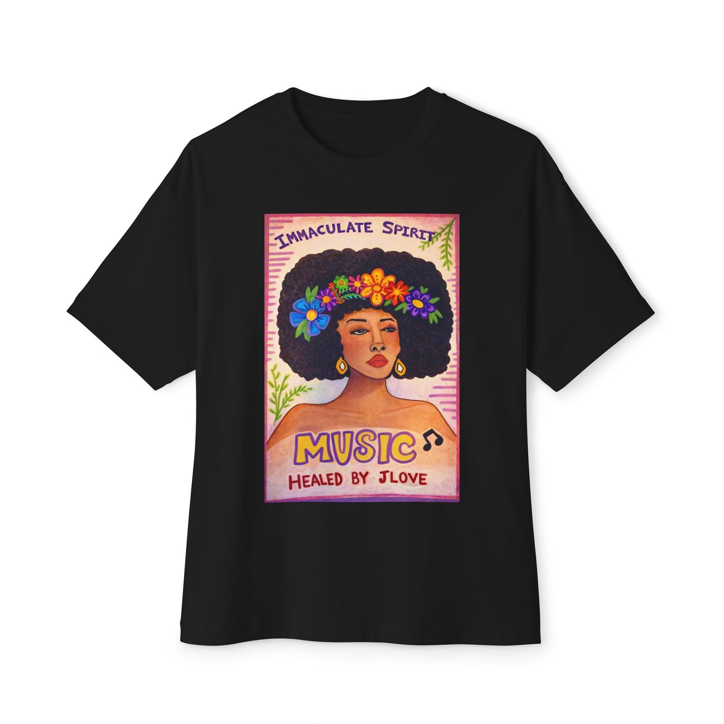 Music Healed By Love Tee — Floral Afro Portrait Graphic T-Shirt