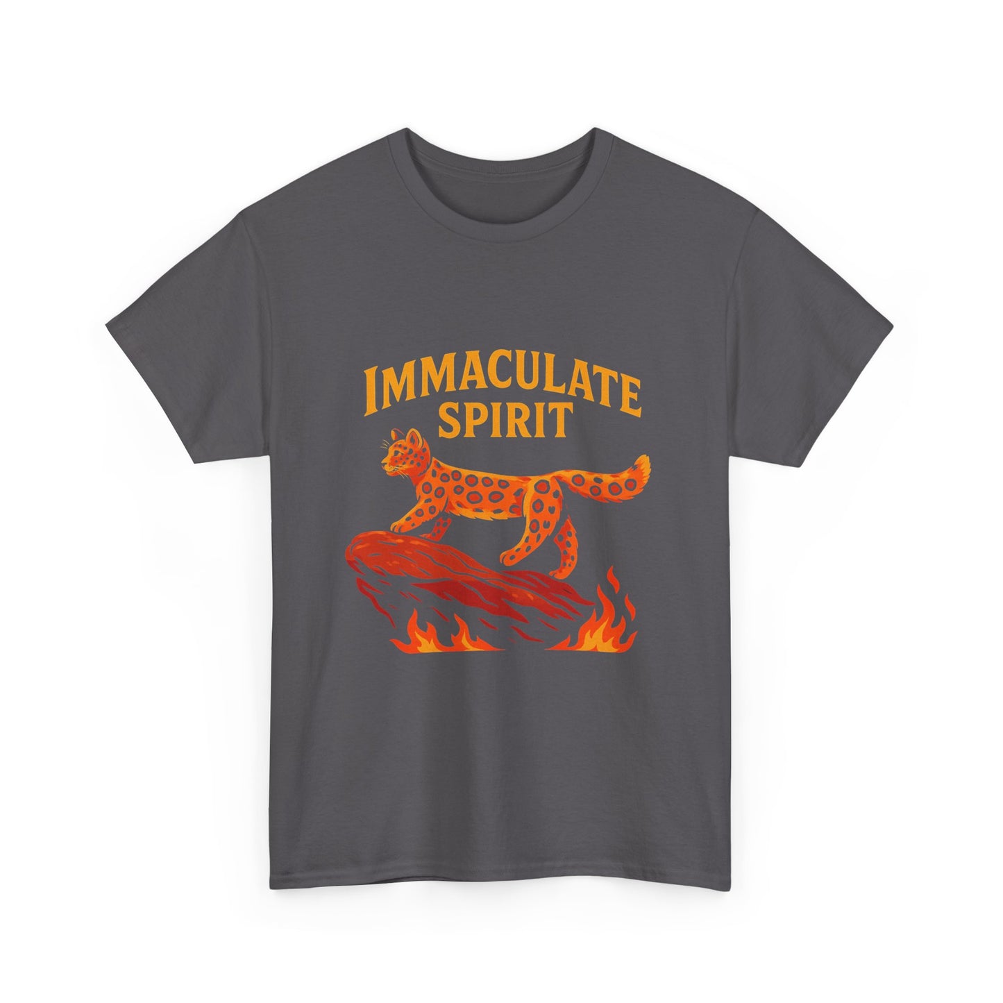 Immaculate Spirit T‑Shirt — Fiery Cat Graphic with "Even Through the Flames" Quote