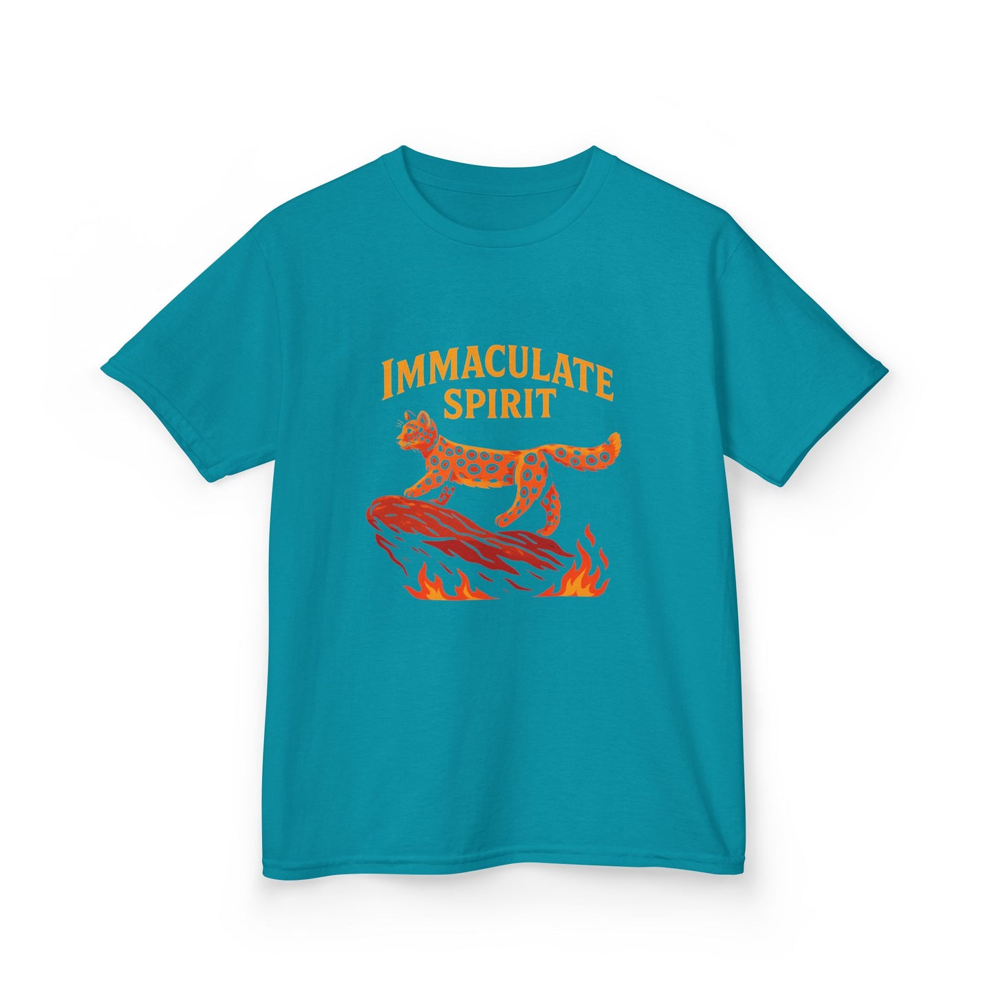 Kids Tee — "Immaculate Spirit" Leopard on Flames Graphic
