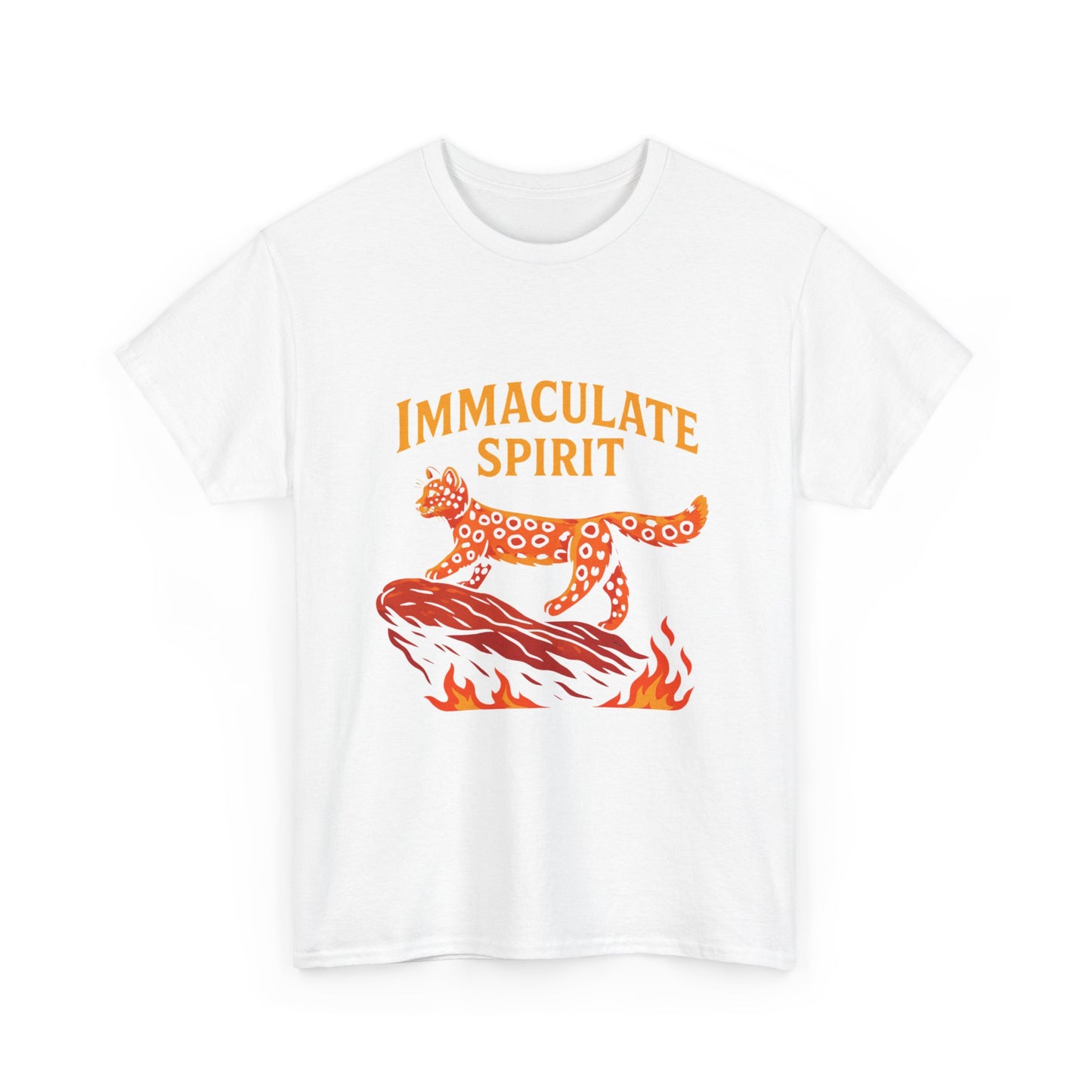 Immaculate Spirit T‑Shirt — Fiery Cat Graphic with "Even Through the Flames" Quote