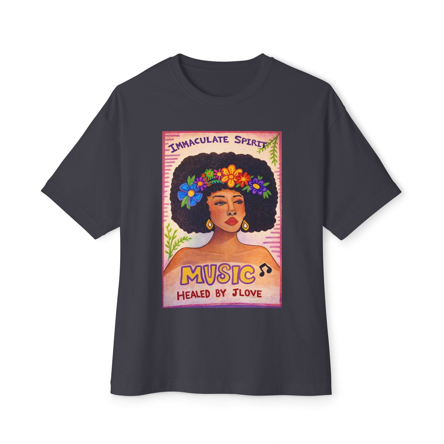 Music Healed By Love Tee — Floral Afro Portrait Graphic T-Shirt