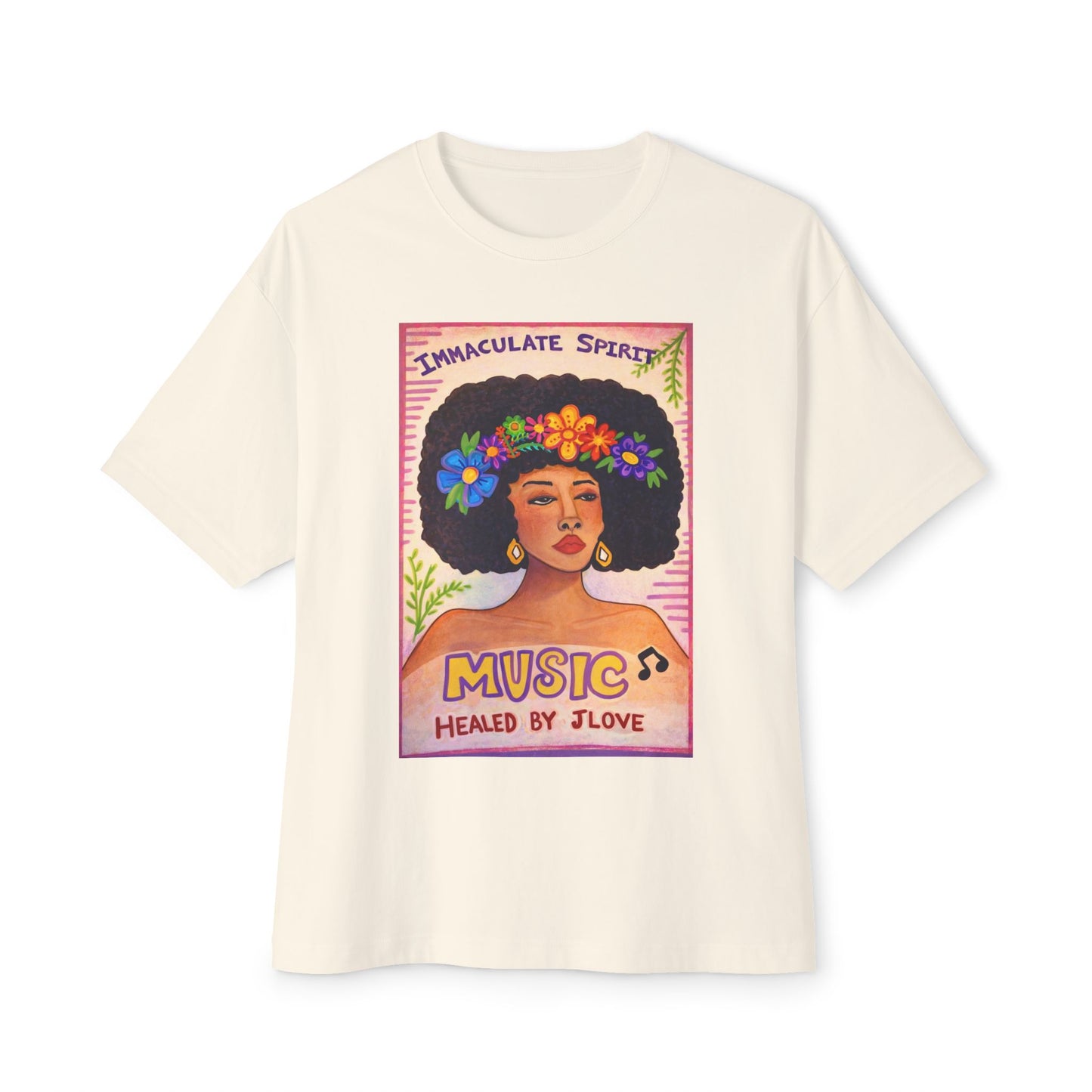 Music Healed By Love Tee — Floral Afro Portrait Graphic T-Shirt