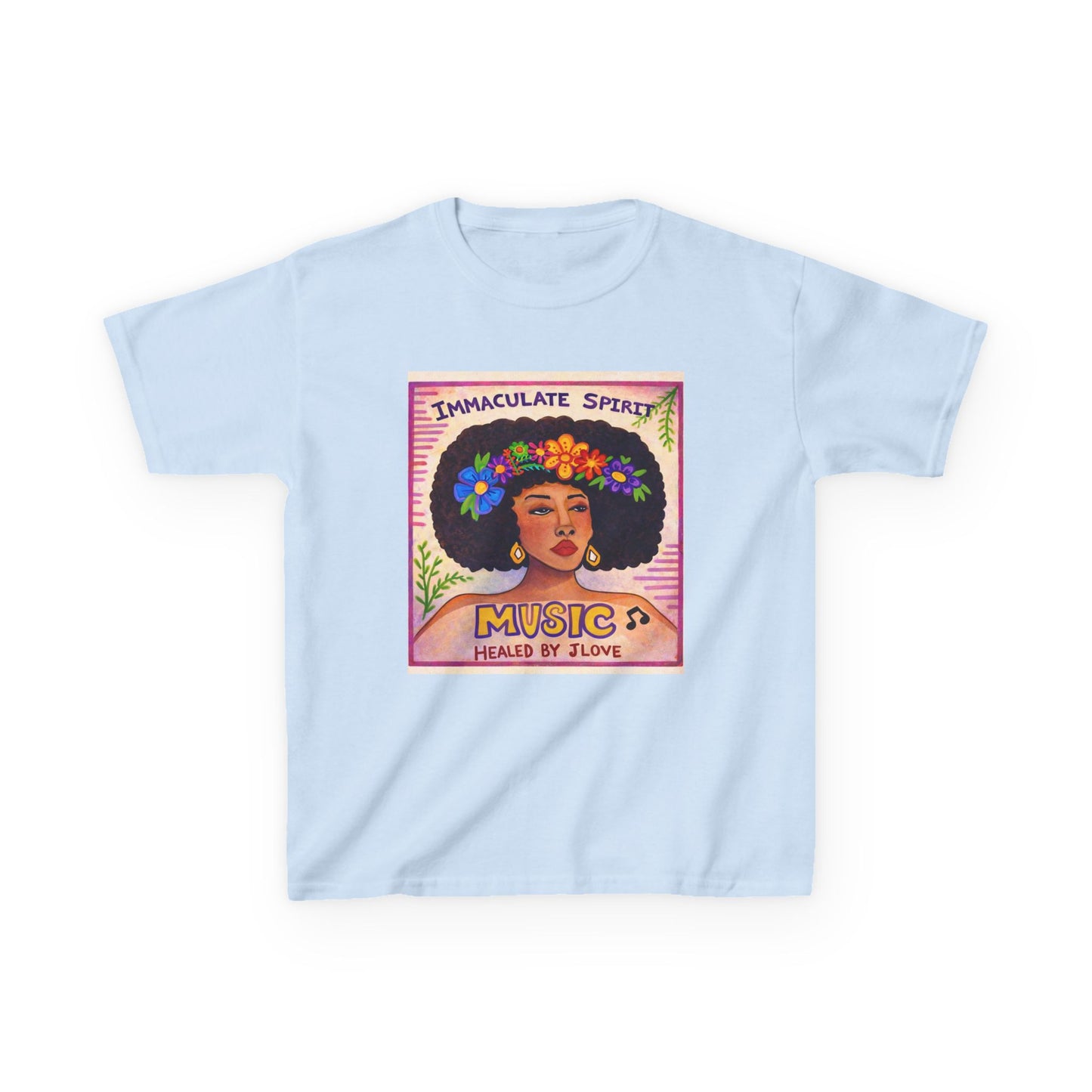 Kids Tee — "Immaculate Spirit" Music Healed By Love Retro Flower Power Design