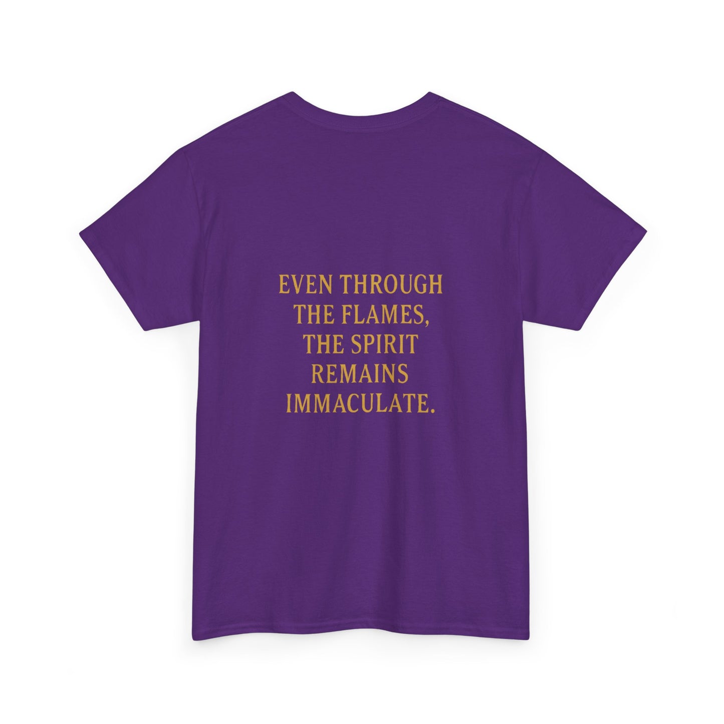 Immaculate Spirit T‑Shirt — Fiery Cat Graphic with "Even Through the Flames" Quote