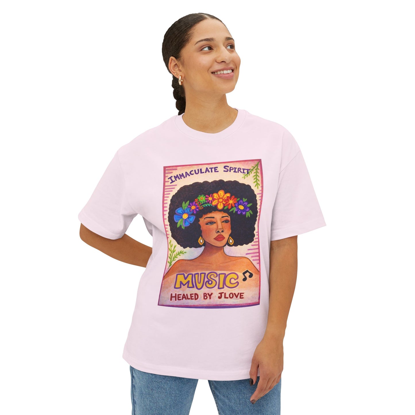 Music Healed By Love Tee — Floral Afro Portrait Graphic T-Shirt