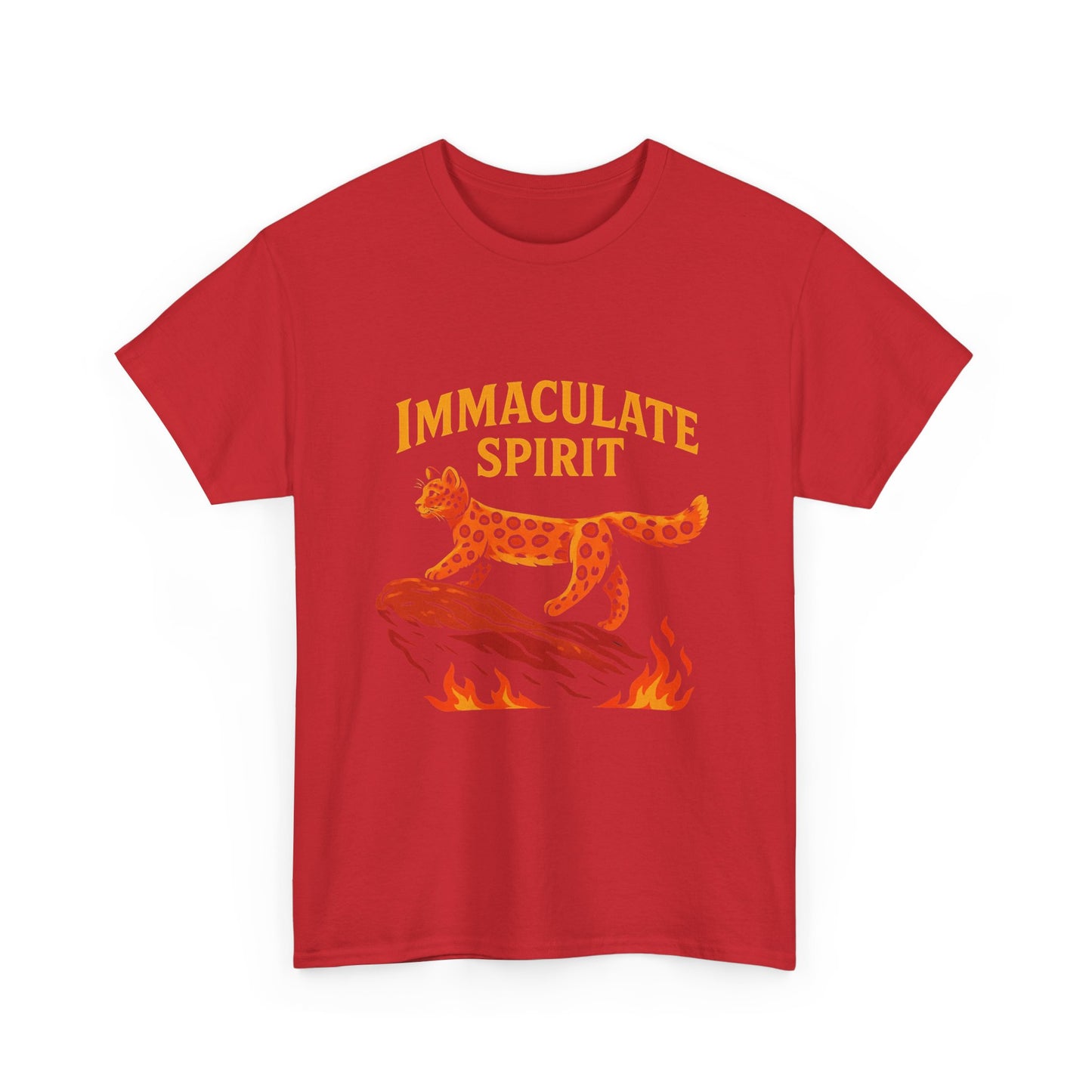 Immaculate Spirit T‑Shirt — Fiery Cat Graphic with "Even Through the Flames" Quote