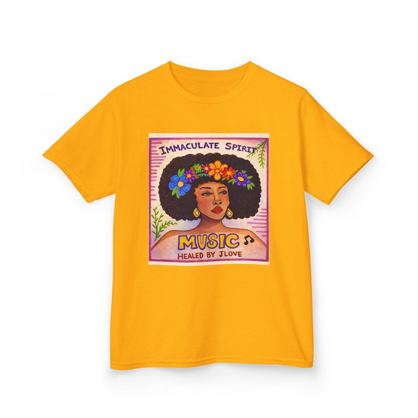 Kids Tee — "Immaculate Spirit" Music Healed By Love Retro Flower Power Design