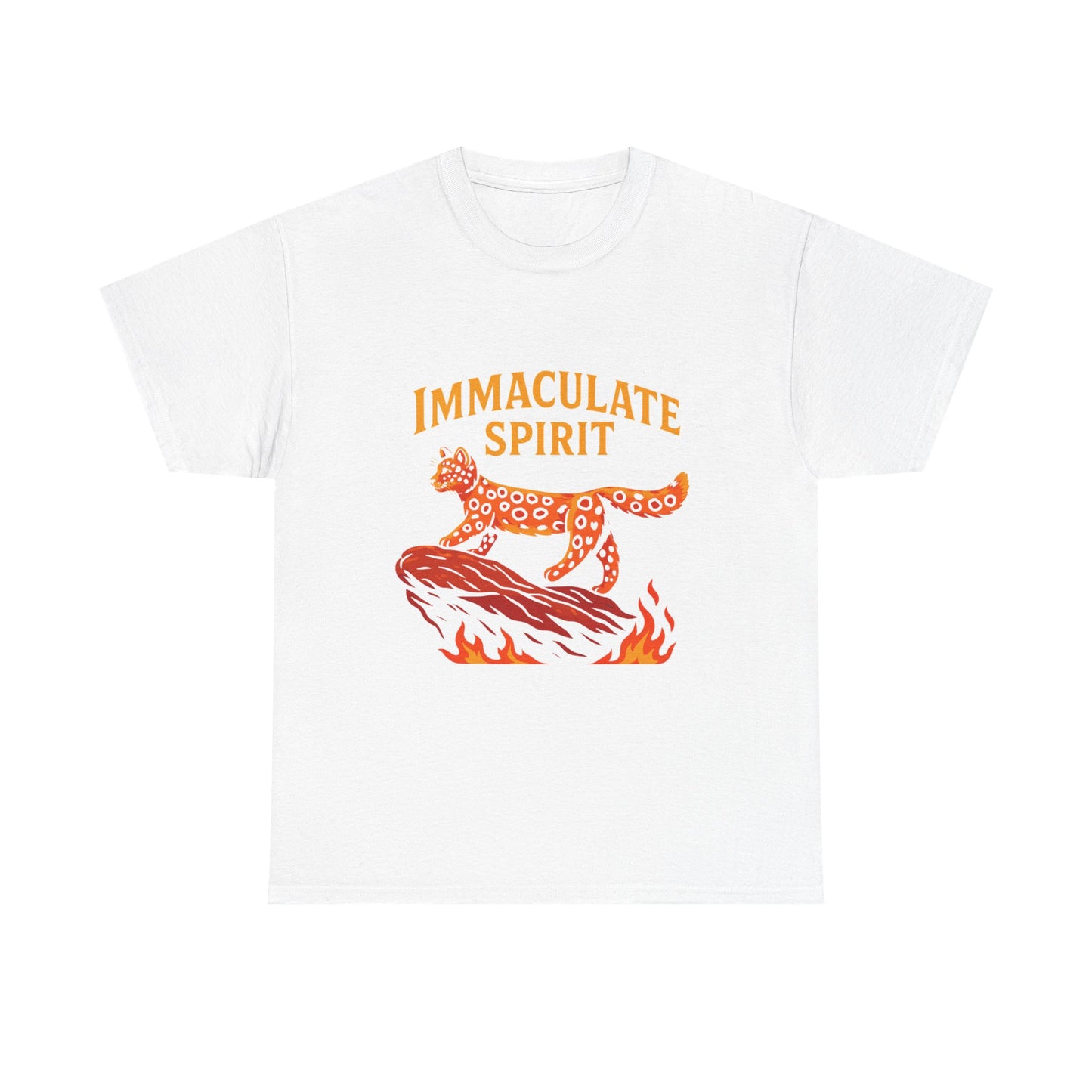 Immaculate Spirit T‑Shirt — Fiery Cat Graphic with "Even Through the Flames" Quote