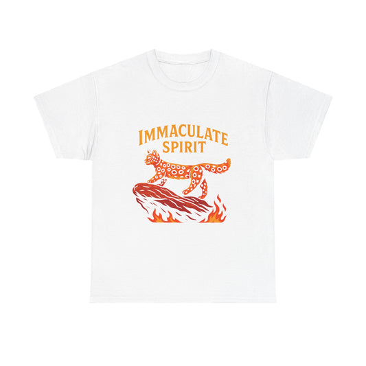 Immaculate Spirit T‑Shirt — Fiery Cat Graphic with "Even Through the Flames" Quote