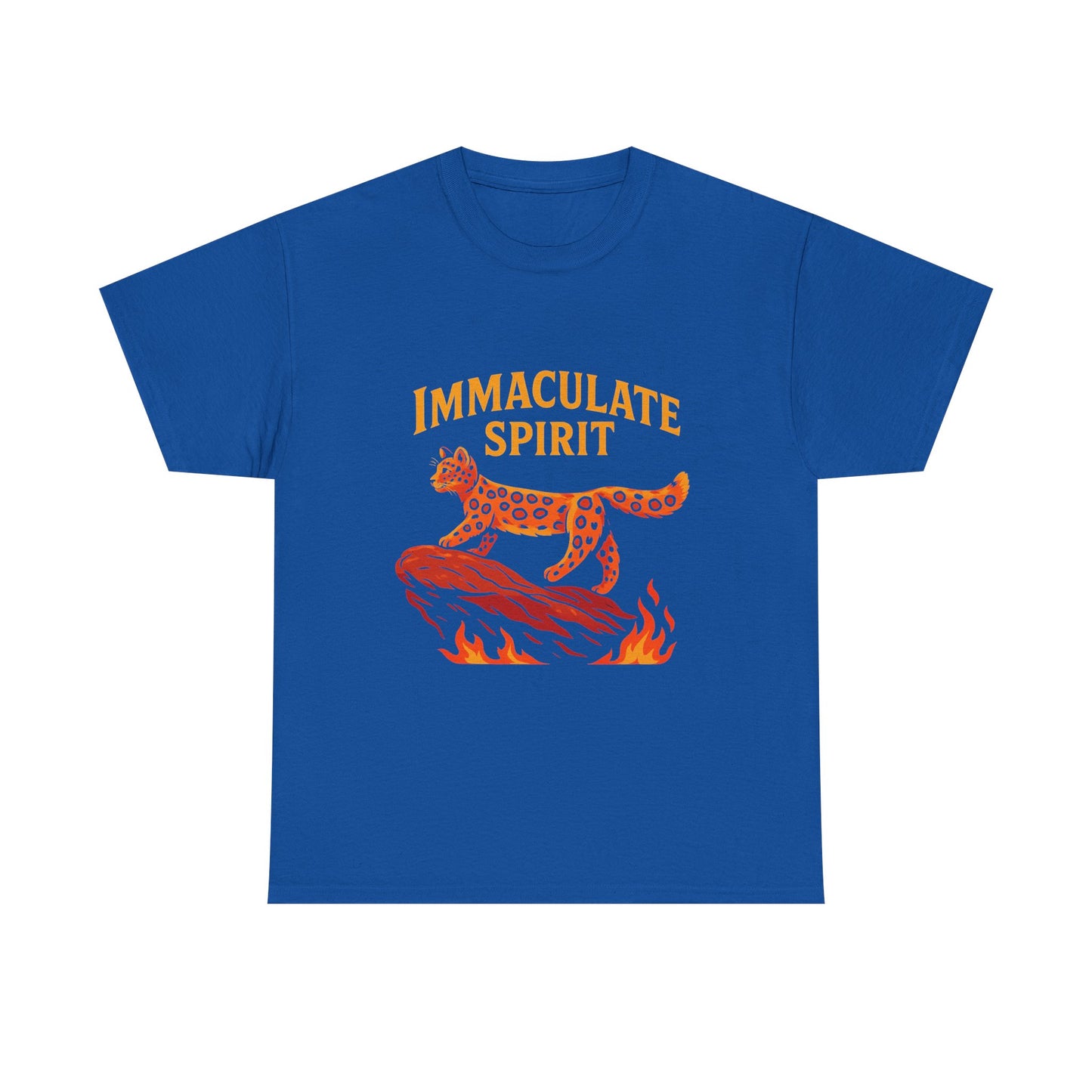Immaculate Spirit T‑Shirt — Fiery Cat Graphic with "Even Through the Flames" Quote