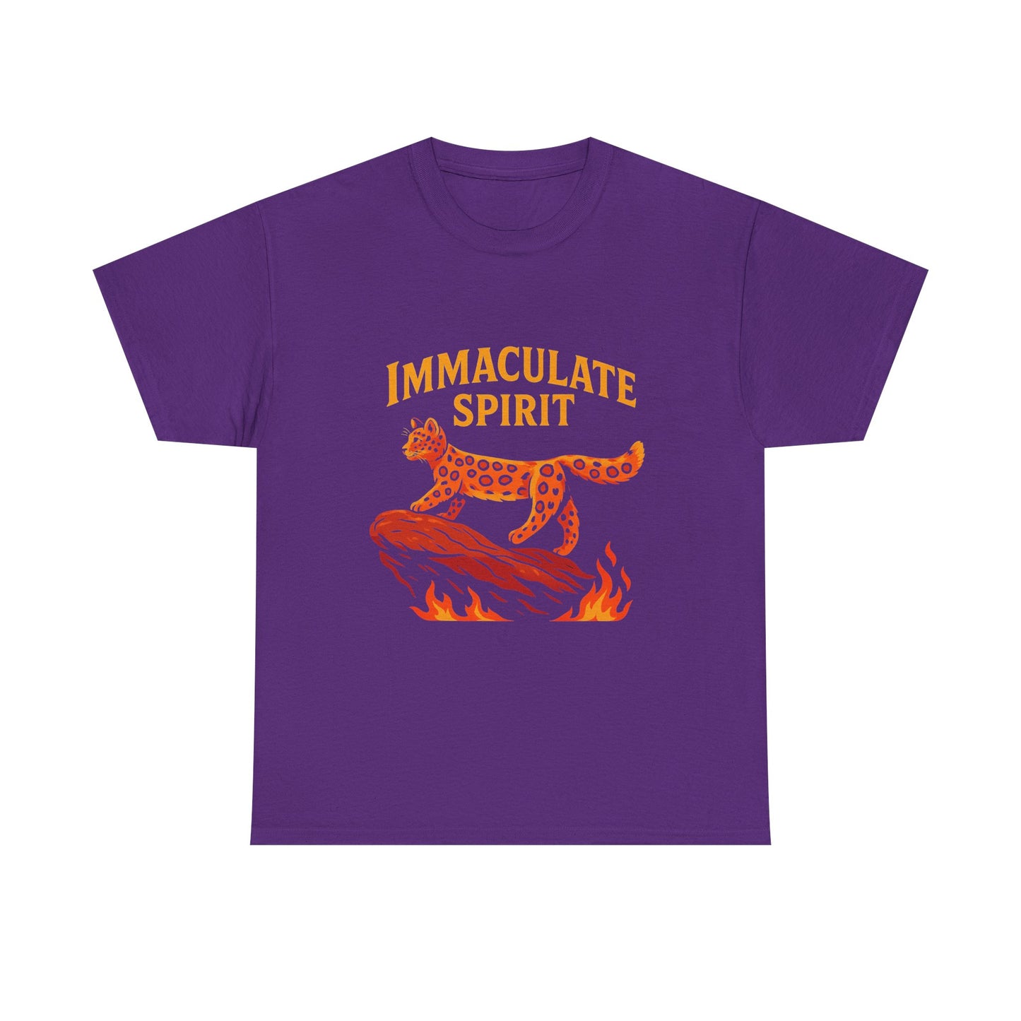 Immaculate Spirit T‑Shirt — Fiery Cat Graphic with "Even Through the Flames" Quote