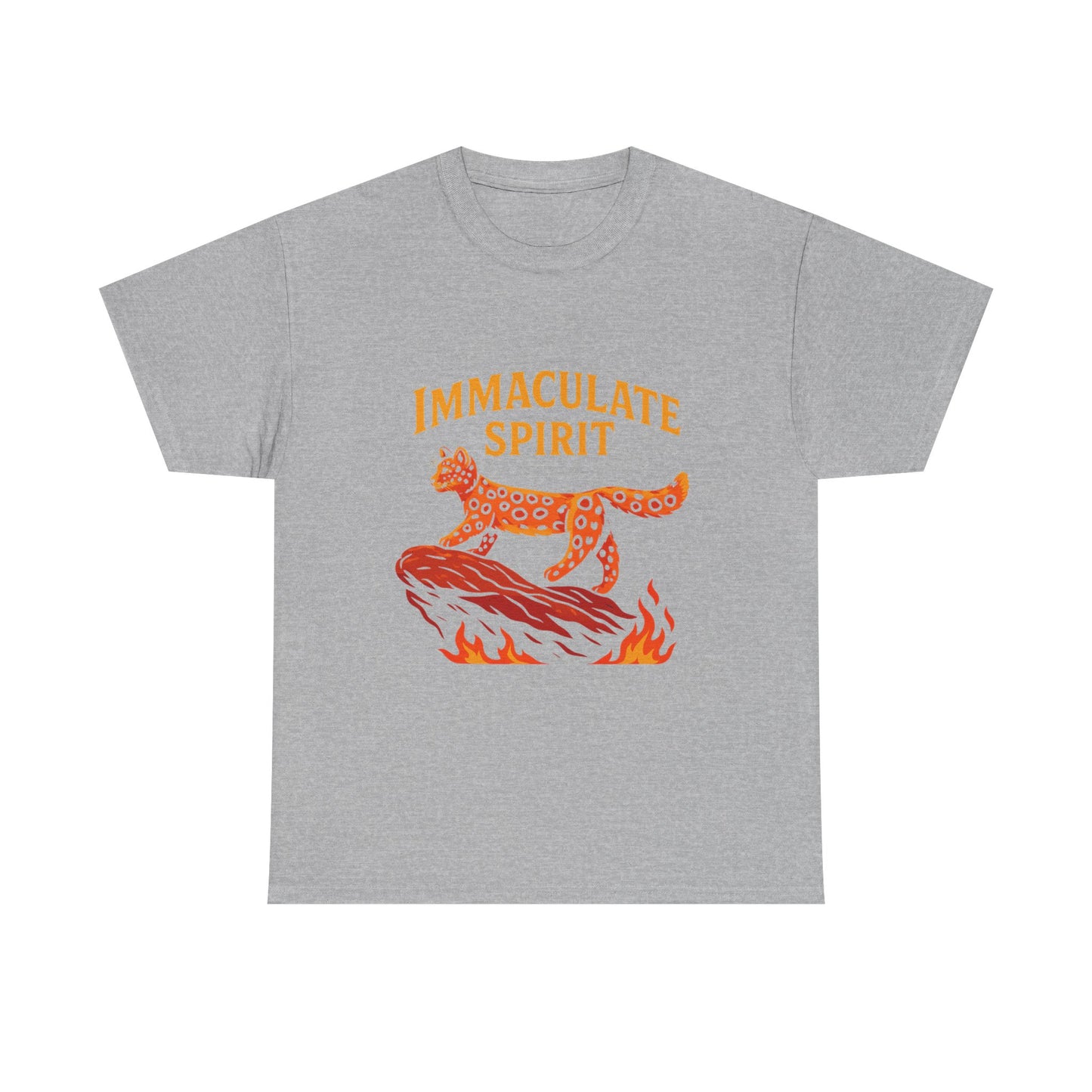 Immaculate Spirit T‑Shirt — Fiery Cat Graphic with "Even Through the Flames" Quote