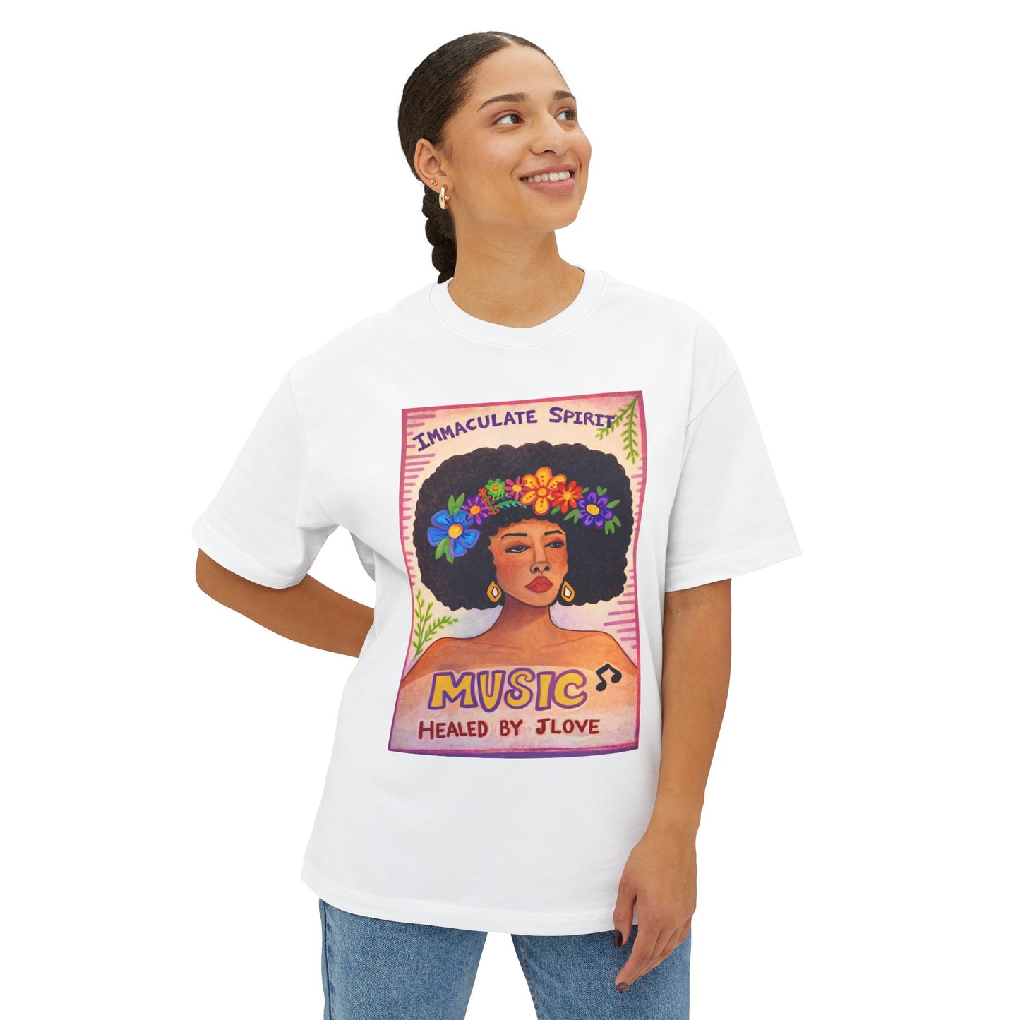 Music Healed By Love Tee — Floral Afro Portrait Graphic T-Shirt