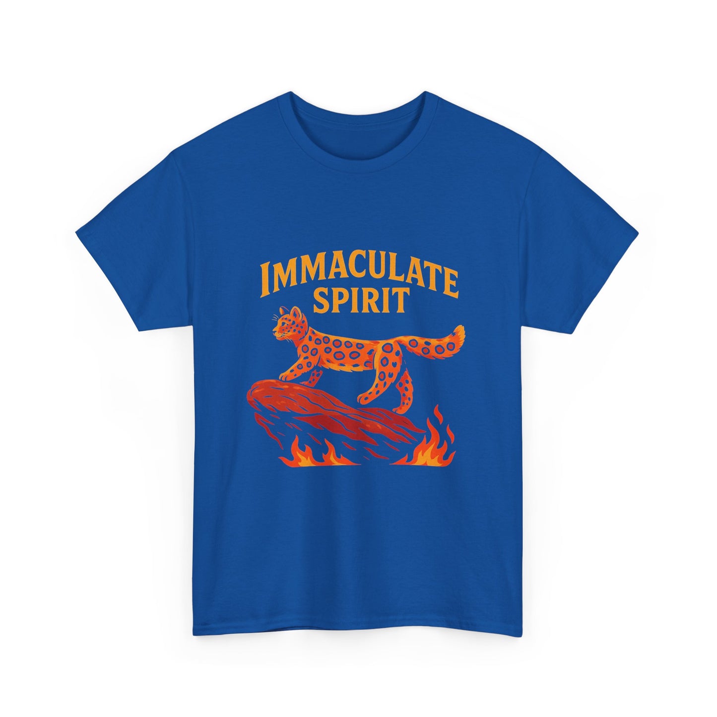 Immaculate Spirit T‑Shirt — Fiery Cat Graphic with "Even Through the Flames" Quote