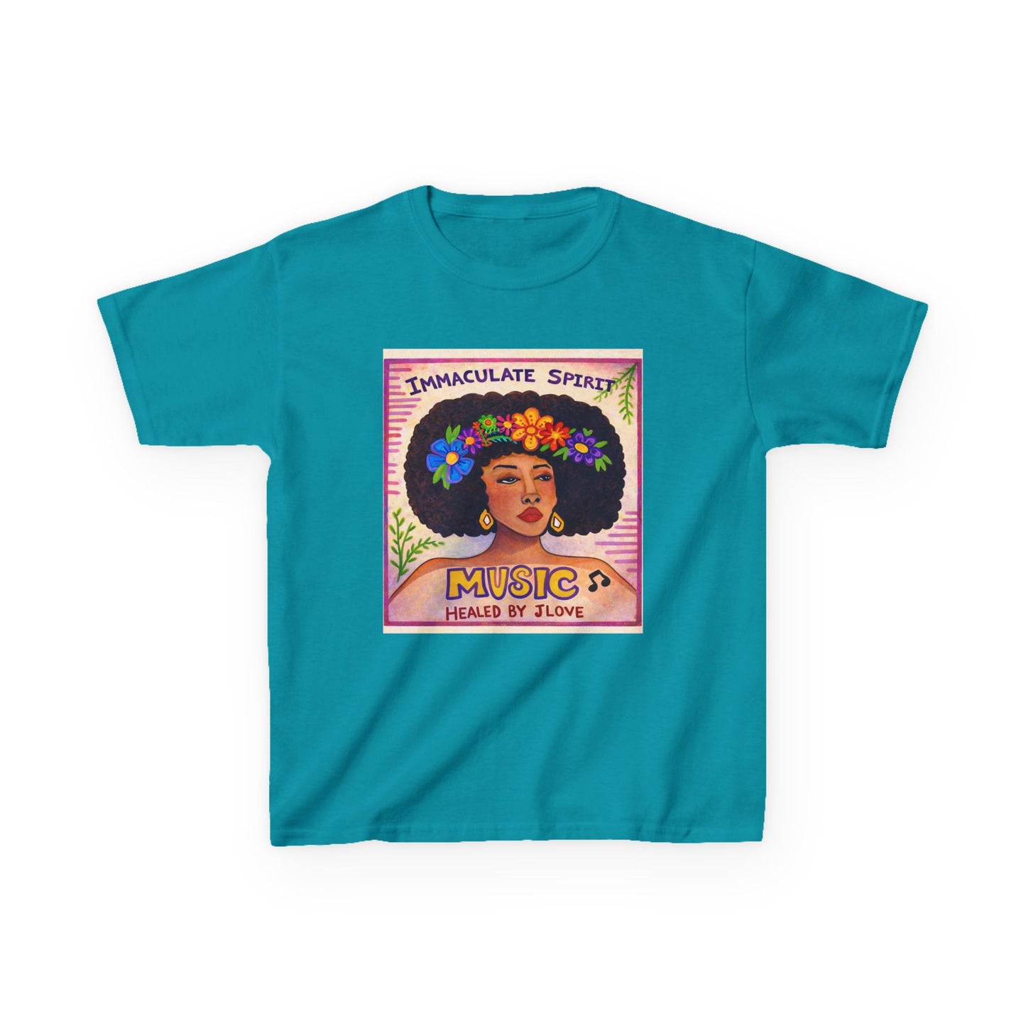 Kids Tee — "Immaculate Spirit" Music Healed By Love Retro Flower Power Design