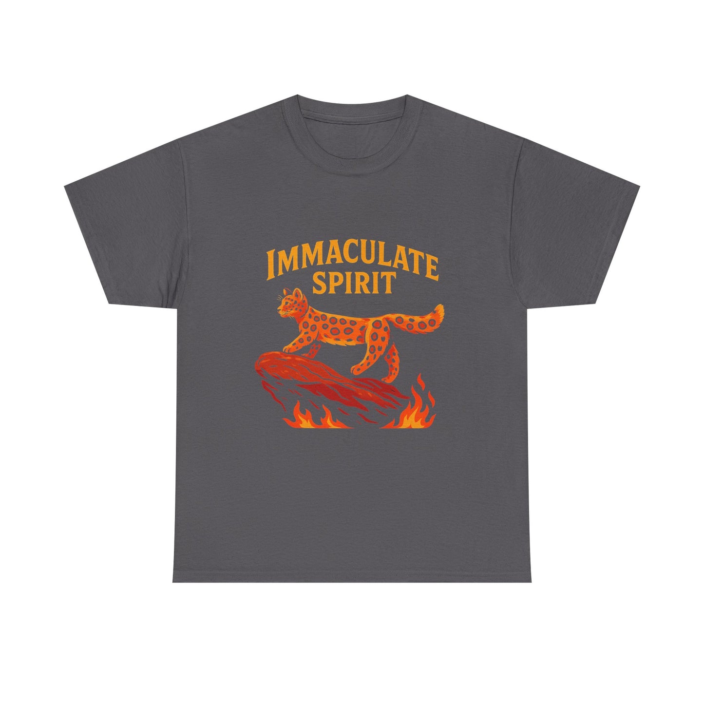 Immaculate Spirit T‑Shirt — Fiery Cat Graphic with "Even Through the Flames" Quote