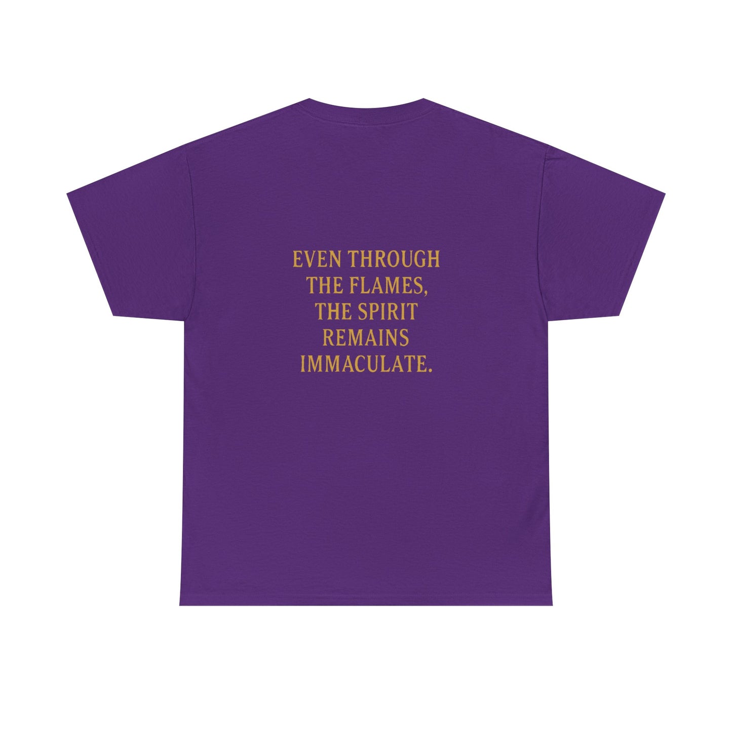 Immaculate Spirit T‑Shirt — Fiery Cat Graphic with "Even Through the Flames" Quote
