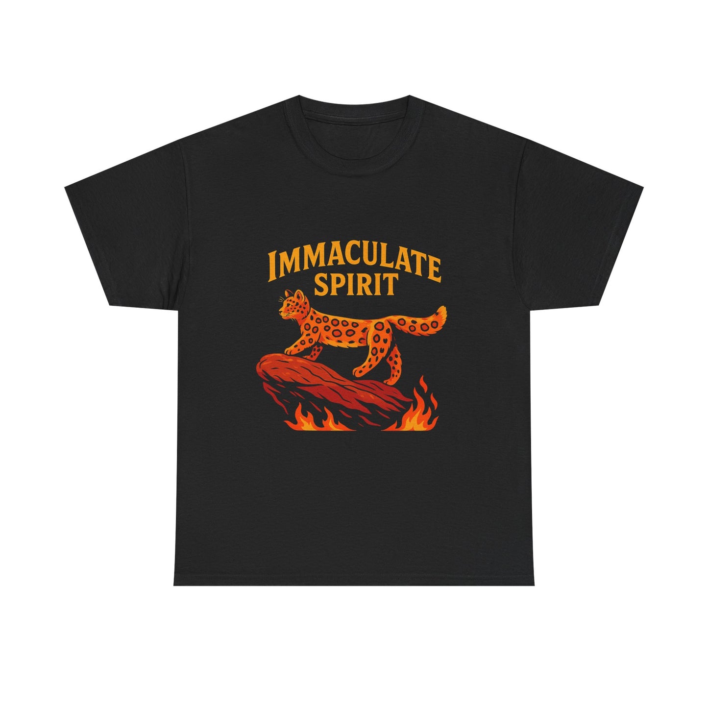 Immaculate Spirit T‑Shirt — Fiery Cat Graphic with "Even Through the Flames" Quote