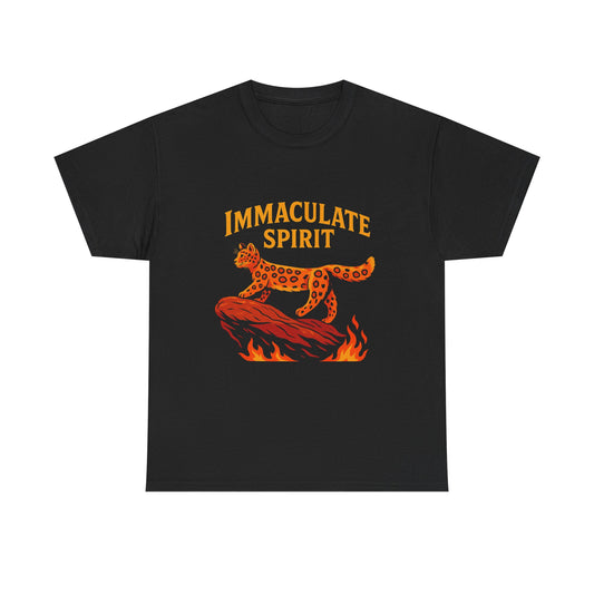 Immaculate Spirit T‑Shirt — Fiery Cat Graphic with "Even Through the Flames" Quote