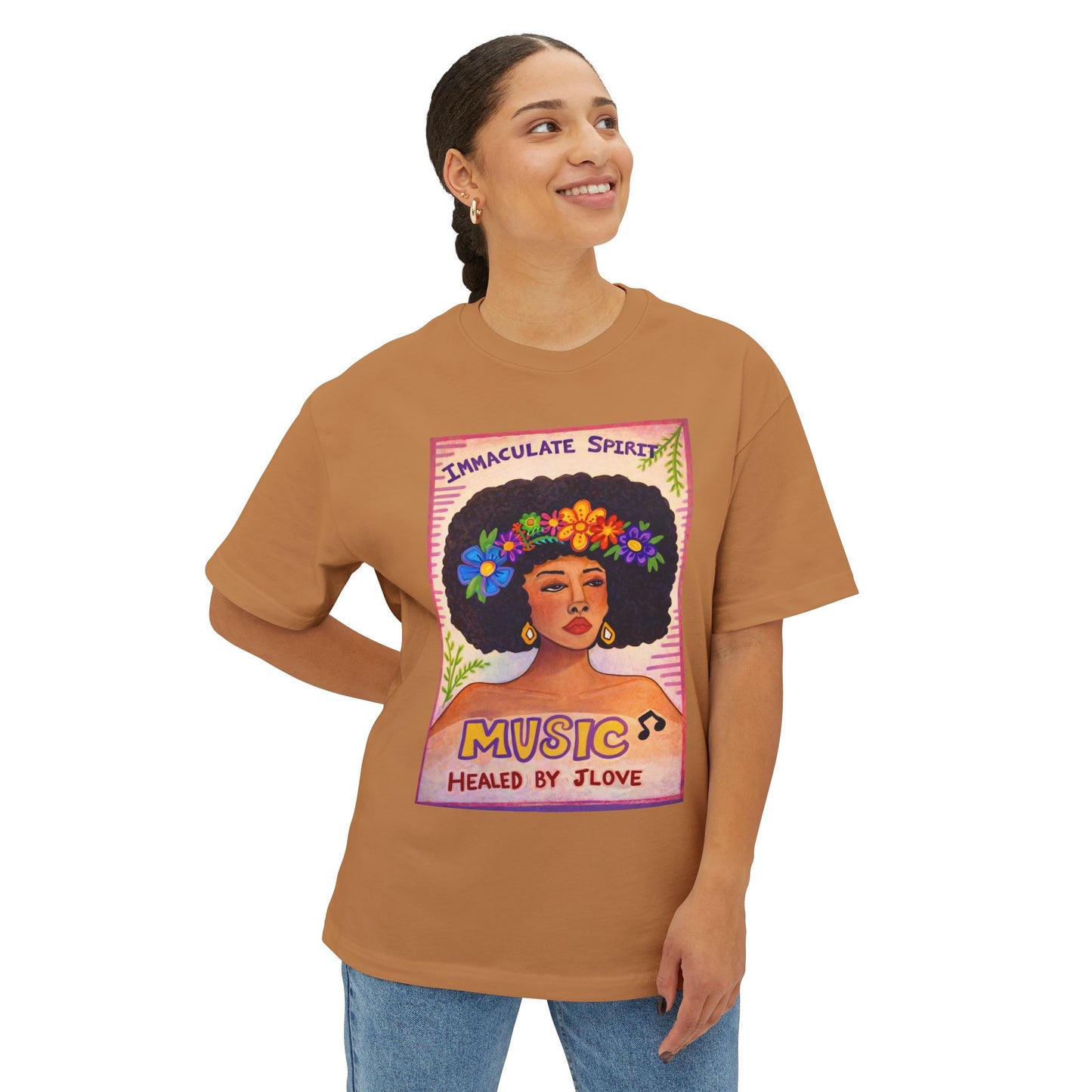 Music Healed By Love Tee — Floral Afro Portrait Graphic T-Shirt