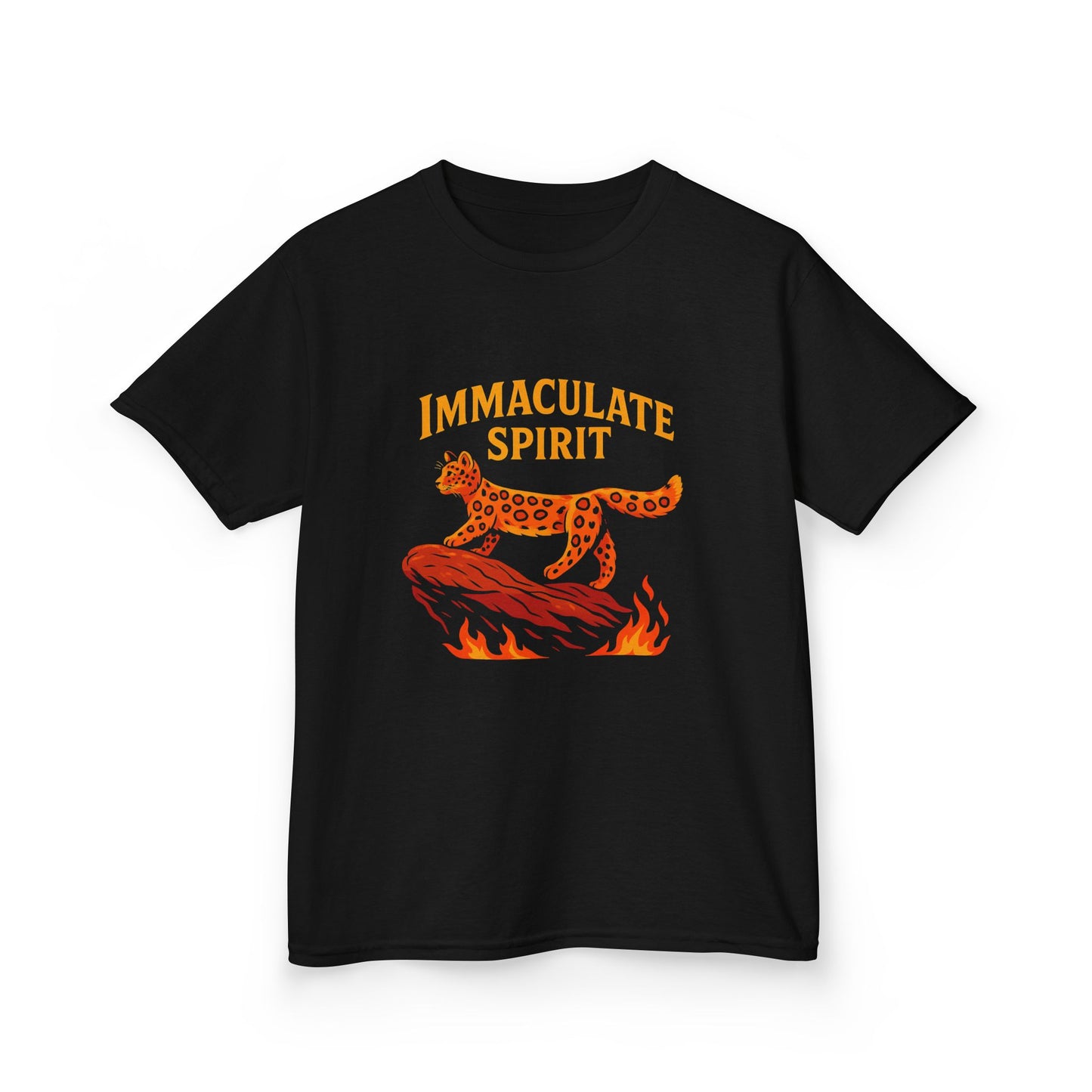 Kids Tee — "Immaculate Spirit" Leopard on Flames Graphic