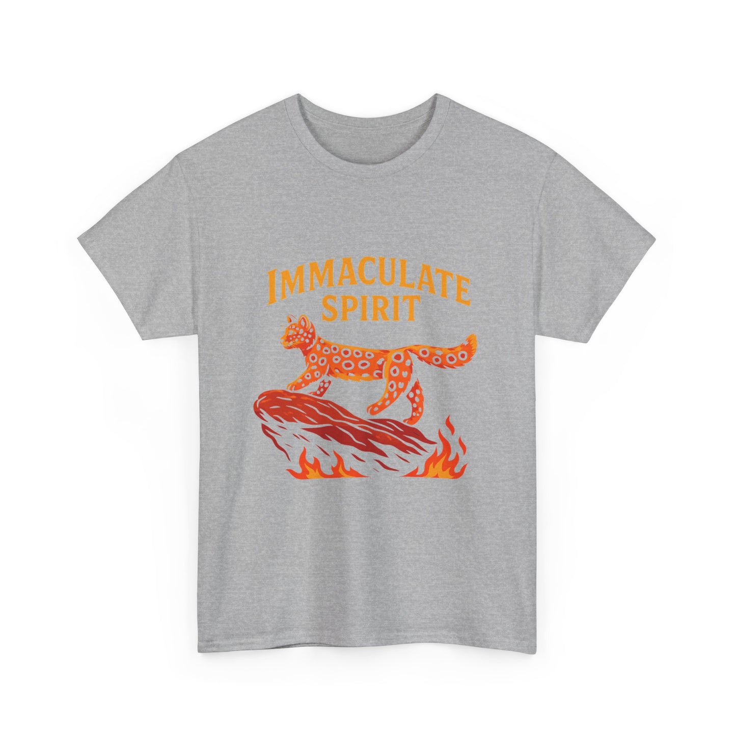 Immaculate Spirit T‑Shirt — Fiery Cat Graphic with "Even Through the Flames" Quote