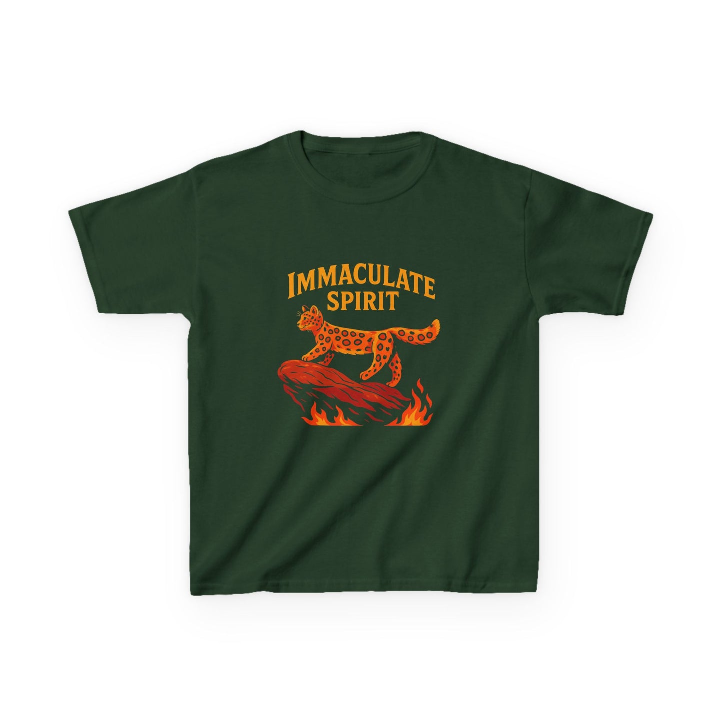 Kids Tee — "Immaculate Spirit" Leopard on Flames Graphic