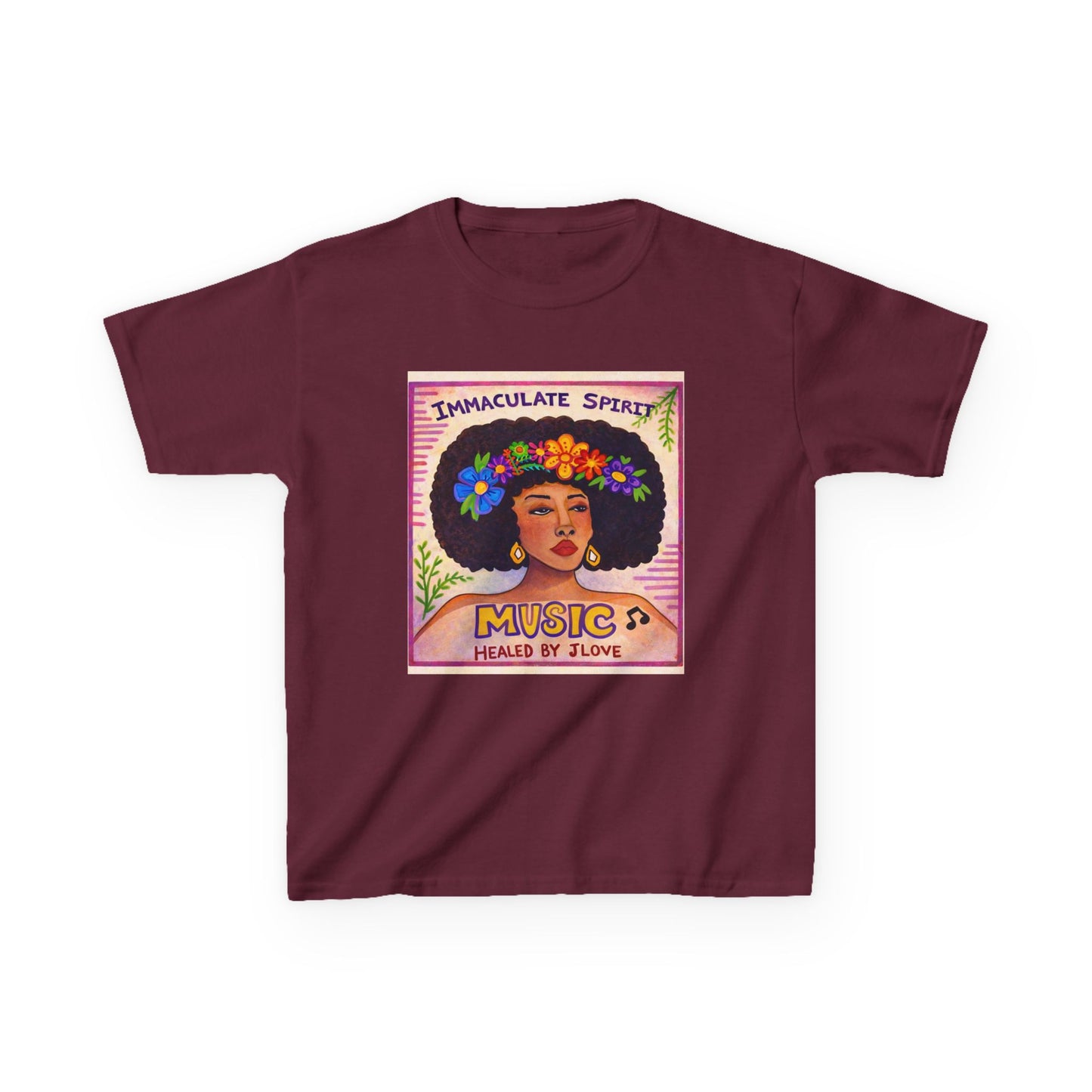 Kids Tee — "Immaculate Spirit" Music Healed By Love Retro Flower Power Design