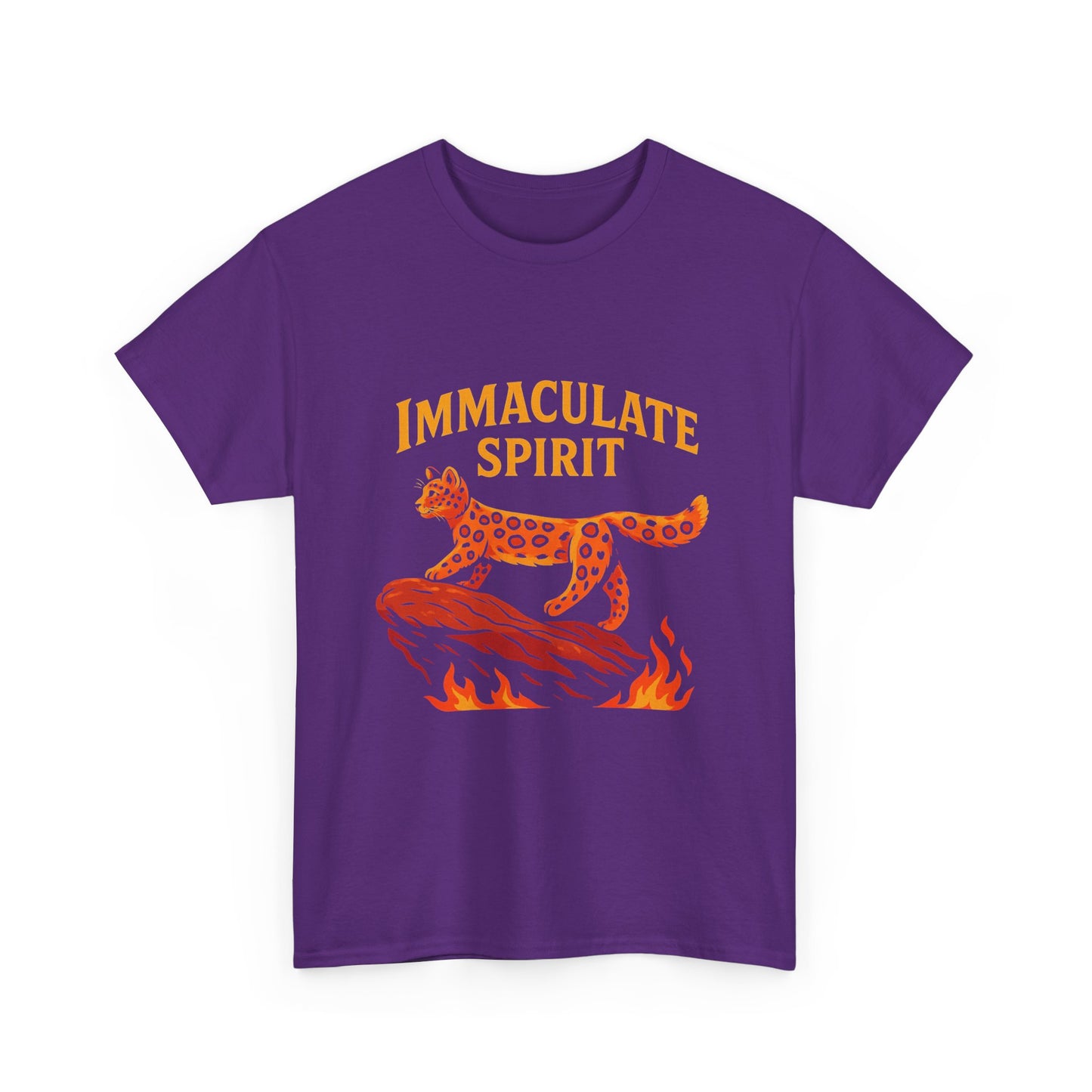 Immaculate Spirit T‑Shirt — Fiery Cat Graphic with "Even Through the Flames" Quote