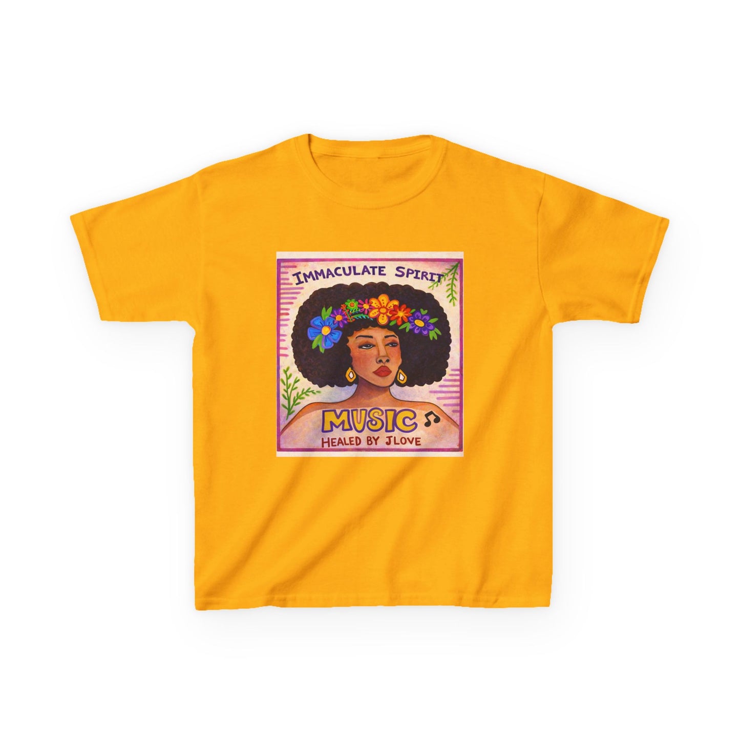 Kids Tee — "Immaculate Spirit" Music Healed By Love Retro Flower Power Design