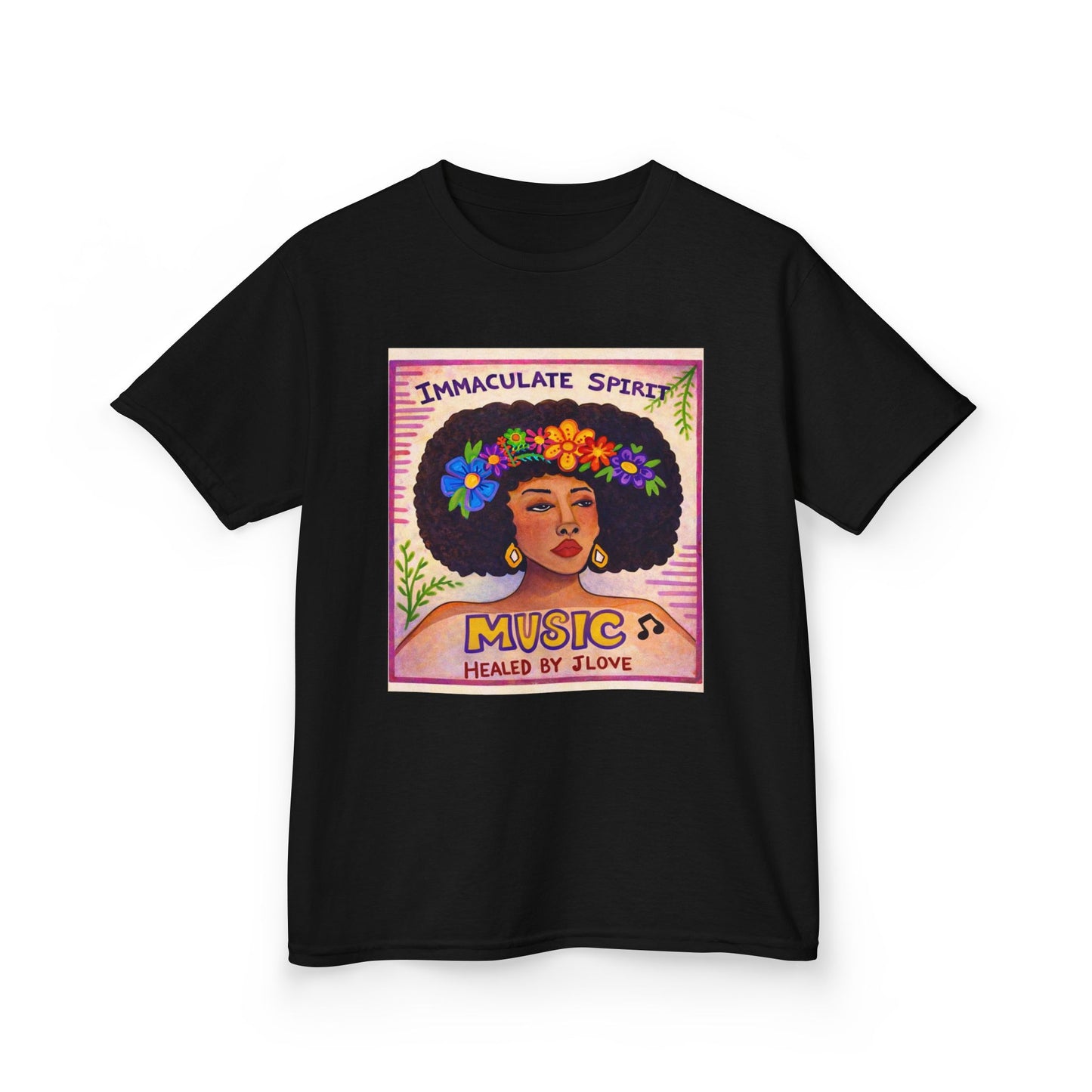 Kids Tee — "Immaculate Spirit" Music Healed By Love Retro Flower Power Design