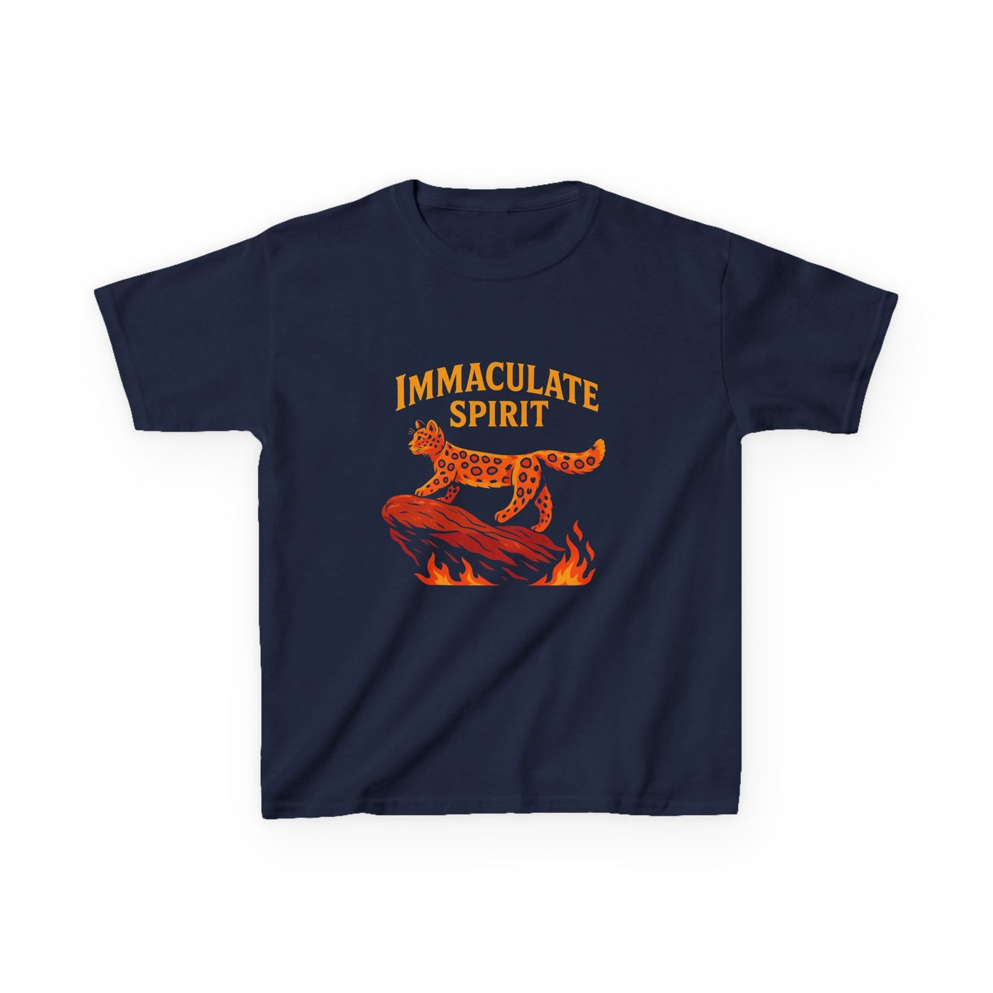 Kids Tee — "Immaculate Spirit" Leopard on Flames Graphic