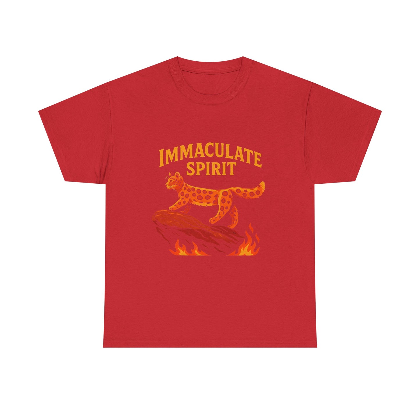 Immaculate Spirit T‑Shirt — Fiery Cat Graphic with "Even Through the Flames" Quote