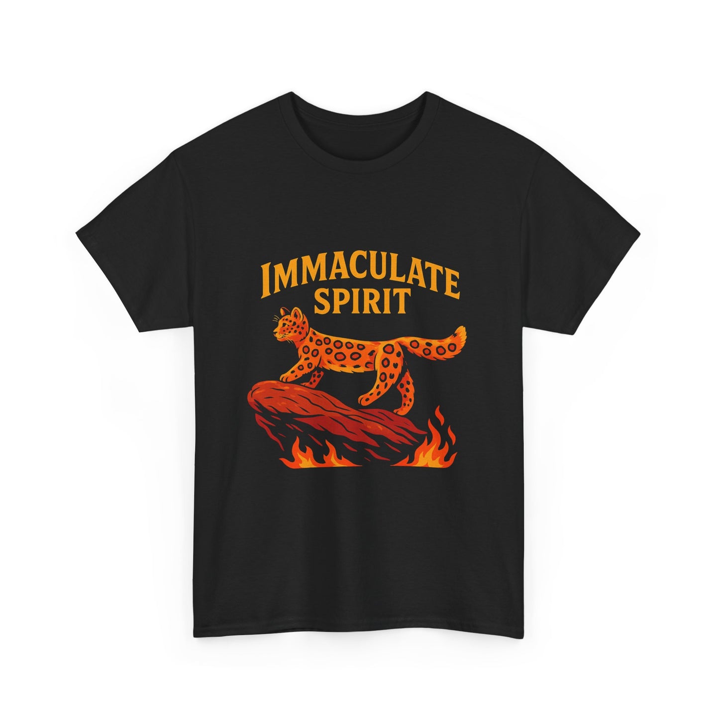 Immaculate Spirit T‑Shirt — Fiery Cat Graphic with "Even Through the Flames" Quote