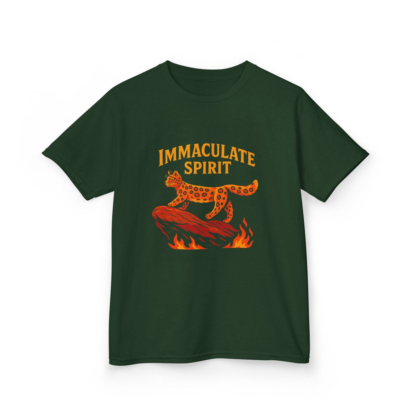 Kids Tee — "Immaculate Spirit" Leopard on Flames Graphic