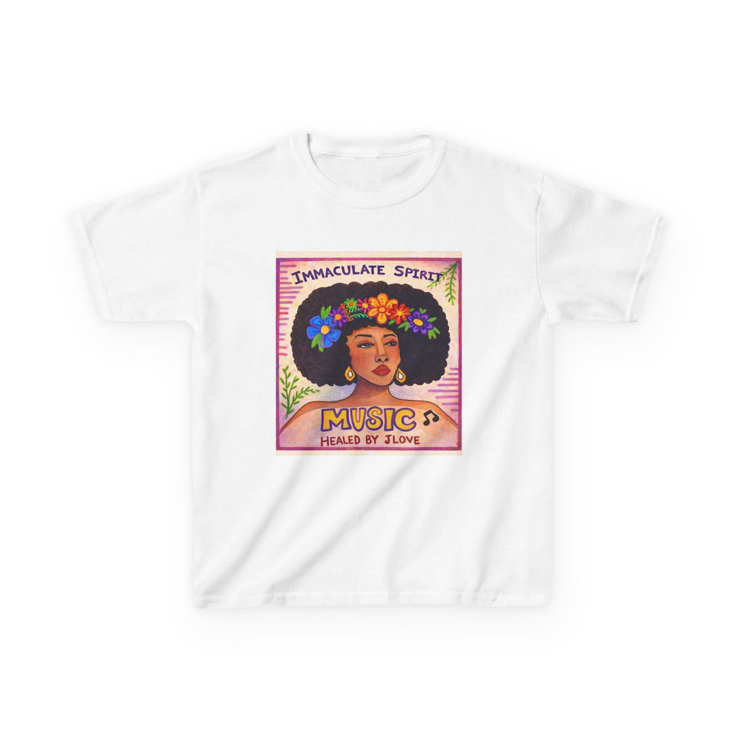 Kids Tee — "Immaculate Spirit" Music Healed By Love Retro Flower Power Design