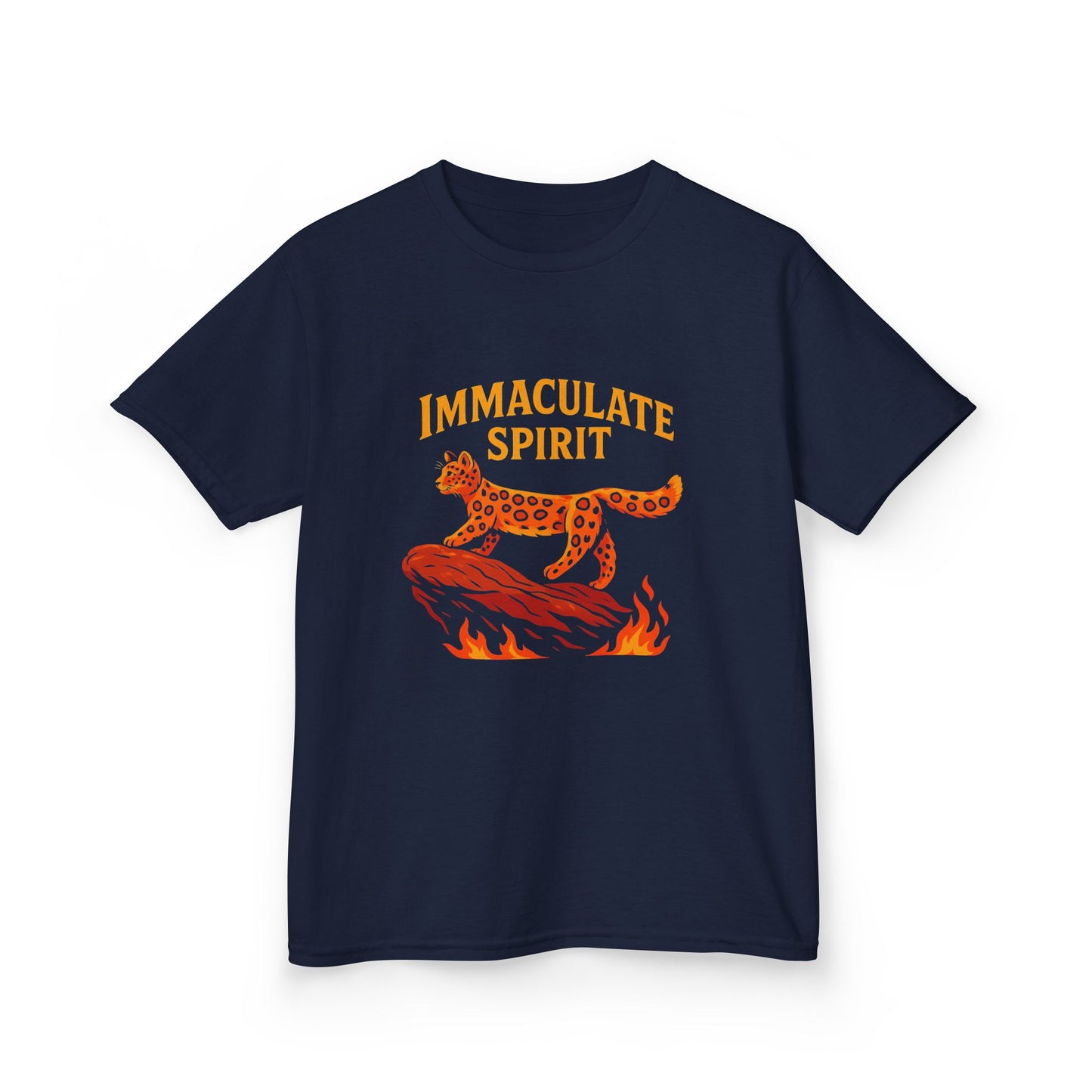 Kids Tee — "Immaculate Spirit" Leopard on Flames Graphic