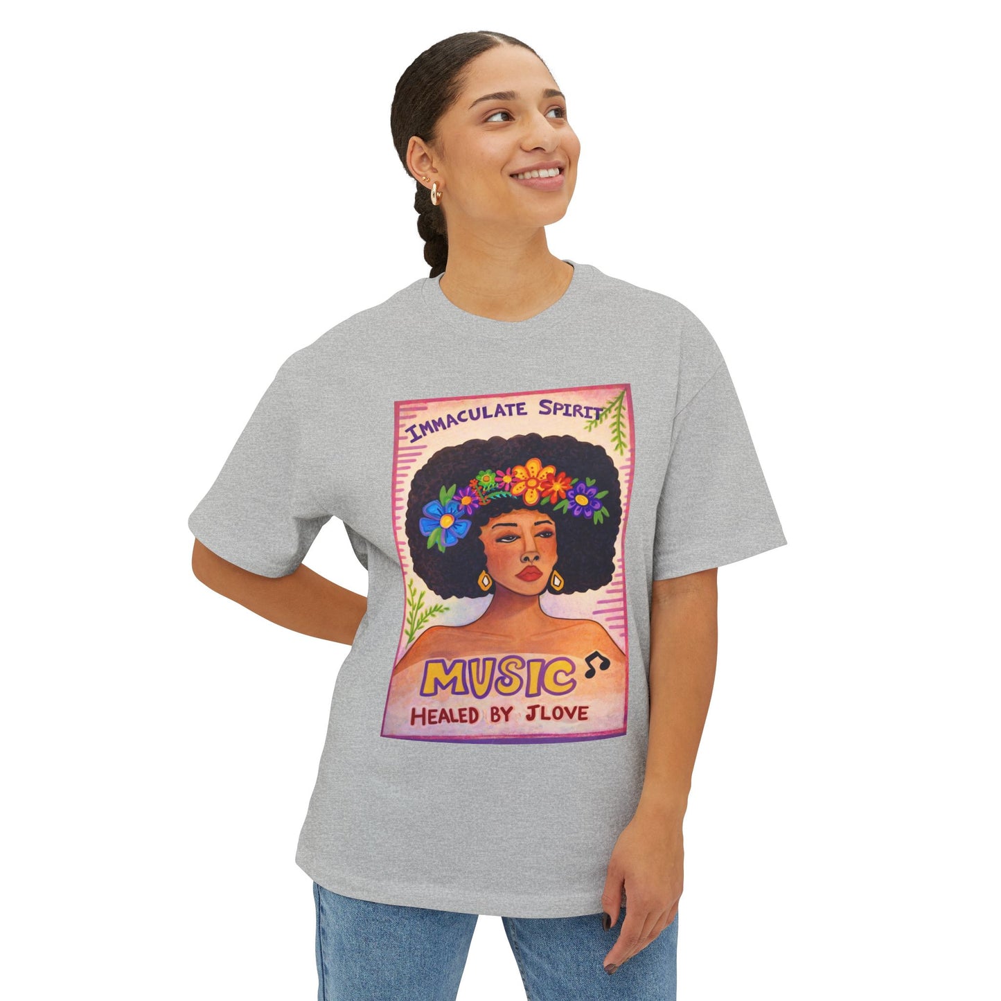 Music Healed By Love Tee — Floral Afro Portrait Graphic T-Shirt