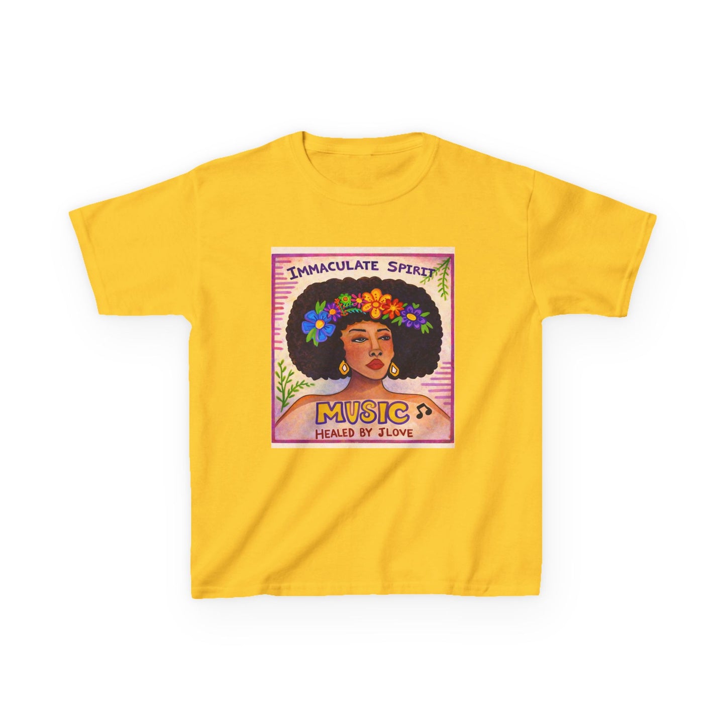 Kids Tee — "Immaculate Spirit" Music Healed By Love Retro Flower Power Design